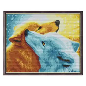 

50 x 41cm 11CT 3 Strands Printing Cross Stitch Kits DIY Decorative Cross-stitch Embroidery Kit (Without Frame) - Two Snow Fox