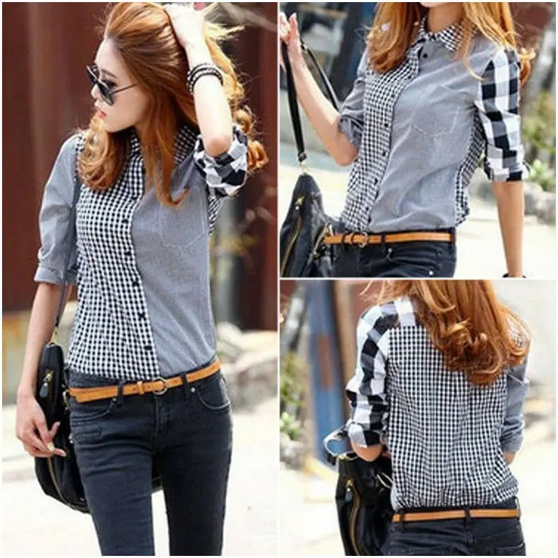 Women Retro OL Long Sleeve Graids Denim Shirt Casual Jean Blouse Tops Women Retro OL Long Sleeve Graids Denim Shirt Casual Jean Blouse Tops
