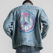 Casual Anti-guerra graffiti hombre lavado destruir se desvanece Vintage azul añil chaqueta orillo Streetwear Harajuku jean Hippie Punk