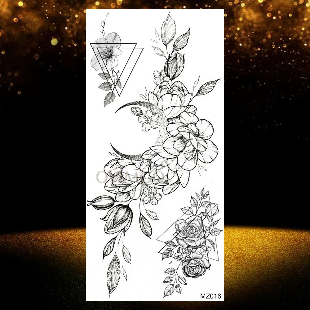 Waterproof Geometric Fake Temporary Arm Tattoos Sticker Black Rose Lily Tatoos Body Art For Women Realistic Peony Leaf Tattoos