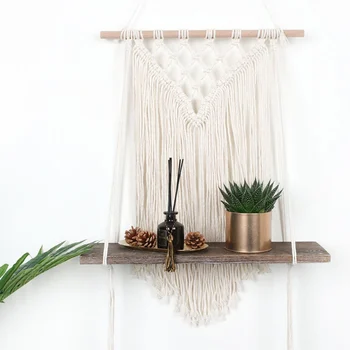 

Handmade Cotton Rope Woven Tapestry Wall Hanging Wooden Shelf Boho Plants Display Storage Rack Home Wall Decor
