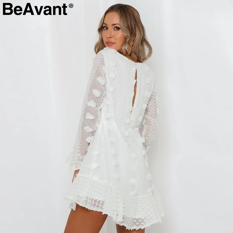 BeAvant Цветочная вышивка Белое Платье женское элегантное Сетчатое платье с длинным рукавом женские осенние платья гофрированные кружевные женские короткие платья