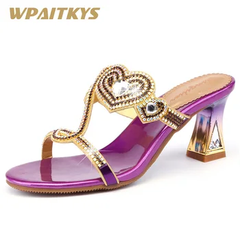 

Fashion Ladies Crystal Sandals 6 CM High Heels Purple Golden Blue Rhinestone Wedding Shoes Women Wedding bride Christmas Gift