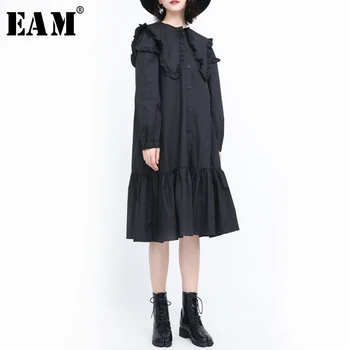 

[EAM] Women Black Ruffles Split Temperament Shirt Dress New Lapel Long Sleeve Loose Fit Fashion Tide Spring Autumn 2020 1R943