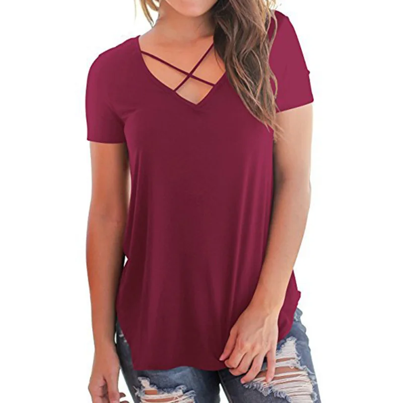 Женские топы, женские футболки для улицы, летние, с коротким рукавом, повседневные, стильные, вечерние, весна размера плюс, крест-накрест, одноцветные