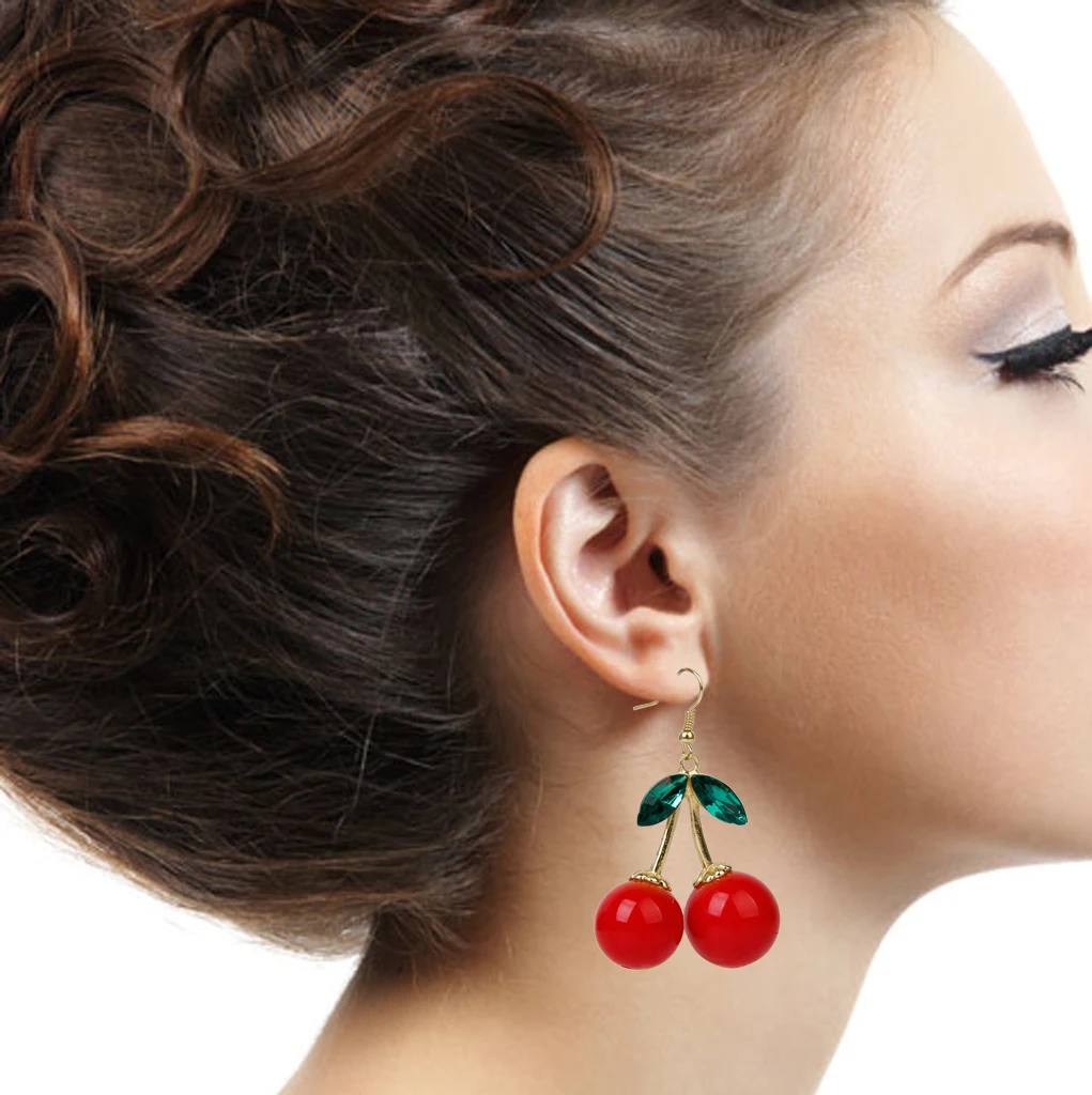 

Rockabilly Red Cherry Diamante Crystal Drop Dangle Chandelier Hook Earring Studs Hook Earring Fashionable Jewelry for Women Girl