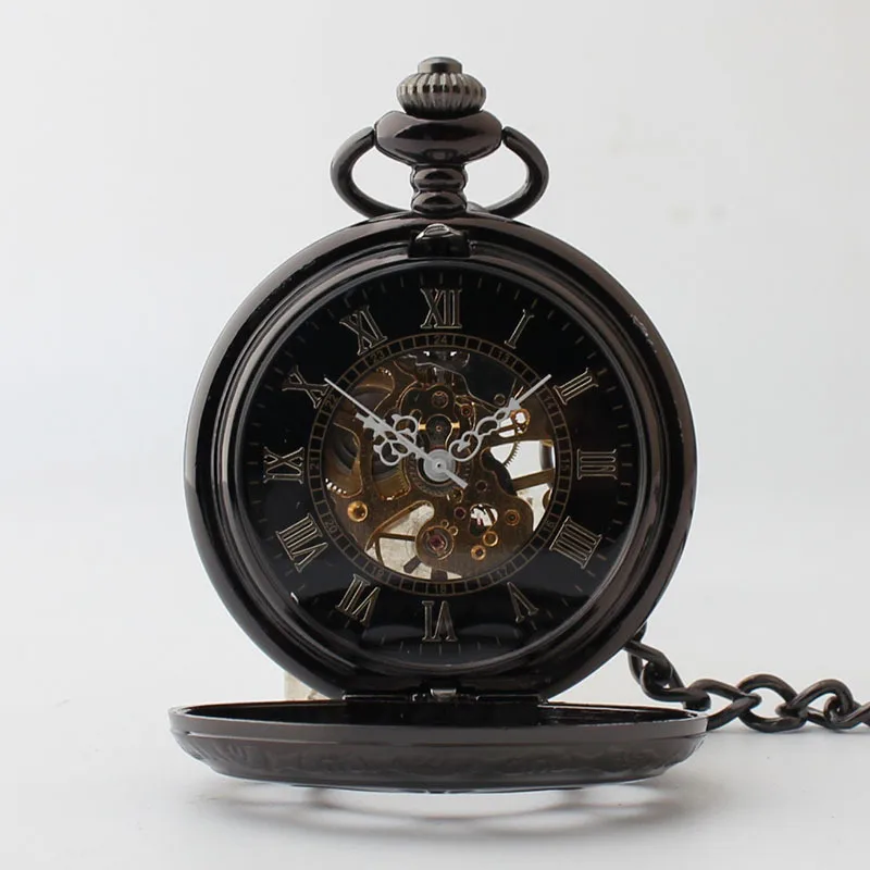 

Personalized & Creative Tungsten Steel Black Pocket Watch Flip Hollow out Sunflower Pattern Analog Watch Old Man Rome Number Tab