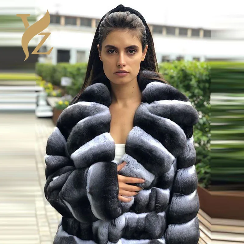 Hot Women Real Fur Coat Stand-Collar Rex Rabbit Jacket Full Pelt Fur Chinchilla Color Winter Thick Warm Women Coat