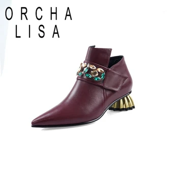 

ORCHA LISA Women Genuine Lether Autumn Pumps Pointed Toe Strange style Heels Beading Rhinestone Big Size 34-43 Red wine Leisure