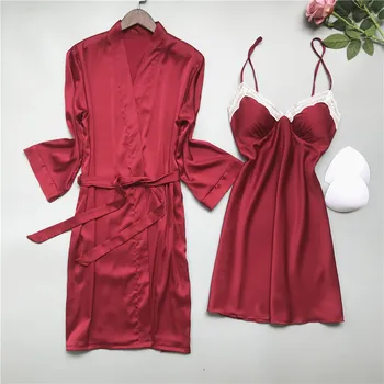 

Sexy Kimono Robe Intimate Lingerie Sleepwear Female Sleep Set Summr New Bathrobe Gown Home Clothing Burgundy Homewear Nightgown