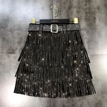 Summer Skirt Women New Ins Super Fashion Rhinestone Fringed Sequined Skirt Belt Waist A- Line Skirt Femme Nancylim