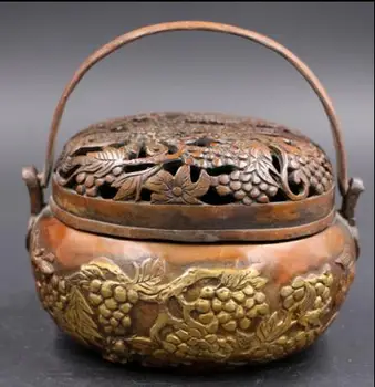 

Antique China red Bronze Hollow Out Warm hand grape Incense Burner Censer