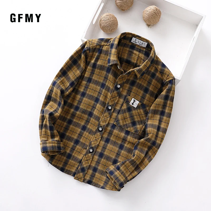 

GFMY 2019 Autumn 100% Cotton Full Sleeve Fashion Khaki Yellow kids Plaid Shirt 3T-14T Casual Big Kid Clothes 9008