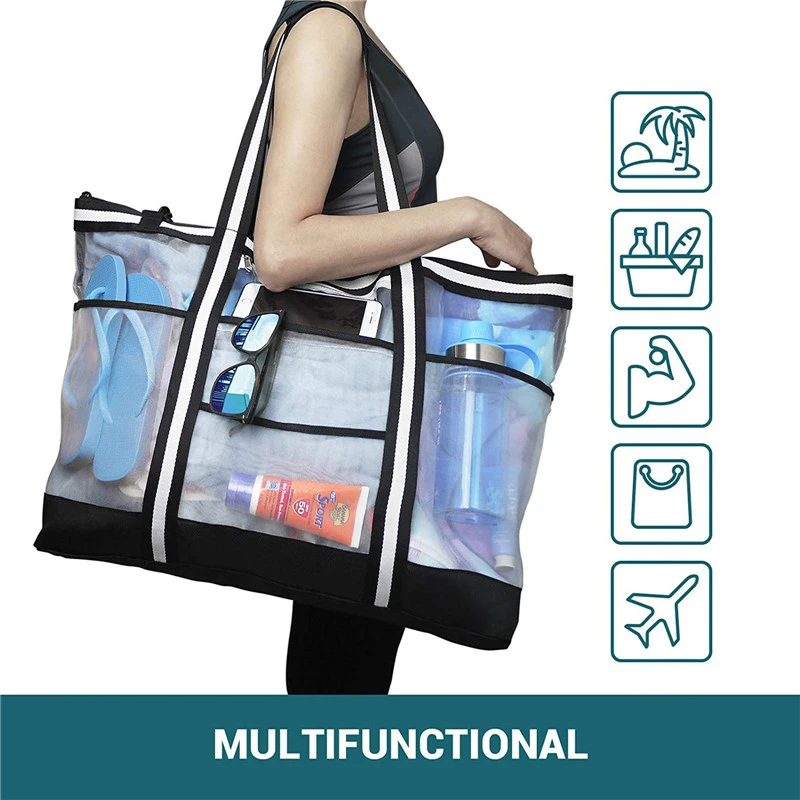 Bolsa de Playa Grande de alta capacidad, 8 malla transparente, para Picnic, toallas, juguetes, ropa interior impermeable, bolsillo de playa |Bolsas de almacenamiento| - AliExpress