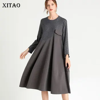 

XITAO Splicing Big Hem Dress O Neck Collar Pullover Long Sleeve Loose Women Can Autumn and Winter Base Dress 2020 New ZY2252