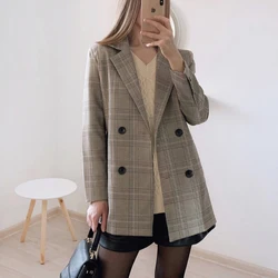 Senhoras de escritório entalhado colarinho xadrez blazer feminino duplo breasted outono jaqueta 2021 bolsos casuais feminino ternos casaco mulher jaqueta