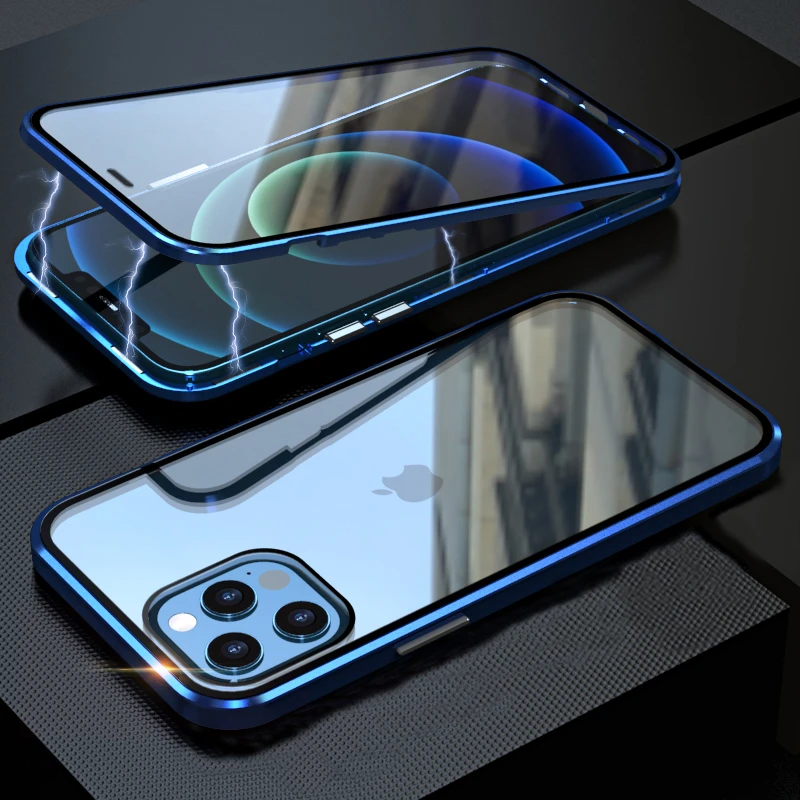 Magnetic Metal For Iphone 12 13 Pro Max Mini Case Cover Coque Clear Double Sided Glass Bumper Phone Case Luxury Carcasa Men Girl Mobile Phone Cases Covers Aliexpress