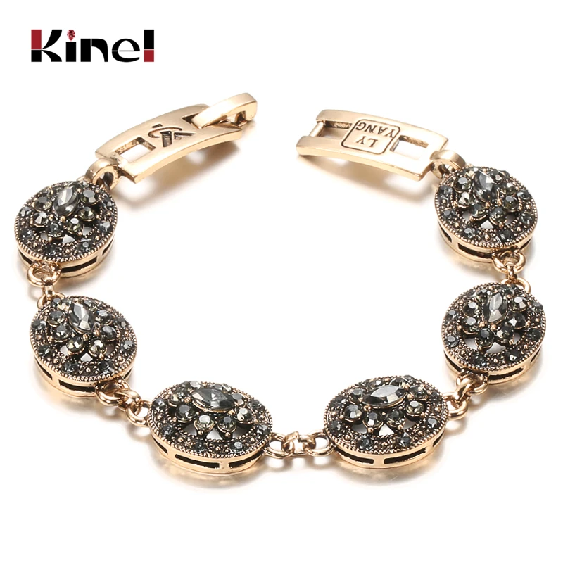 Charm Bracelet Boho Women Link Antique Gold Color Gray Crystal Ethnic Wedding Bridal Vintage Russia Accessories