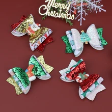 Oaoleer Pinzas para el pelo con purpurina para niña, pasadores con lazo para el pelo de reno, sombrero de Navidad, Clips de pico de pato, accesorios para el pelo de bebé, 3"