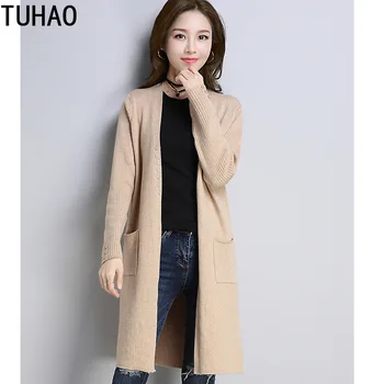 

TUHAO 2019 Office Lady Casual Sweater Coat Female Long-Style Knitted Loose Coat Button Pocket Thin Women Outerwear Knit HC163