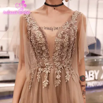 

Long Tulle Textured Prom Dress 2020 V Neck Lace Applique Lace Lovely Party Dress Girl Elegant Dress Aline Vestido