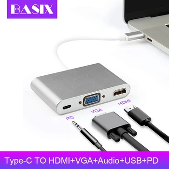 

USB C HUB Audio To HDMI VGA USB 3.0 with PD Charging Adapter for MacBook Pro Huawei P20 Pro USB Type-C Converter HUB Adapter
