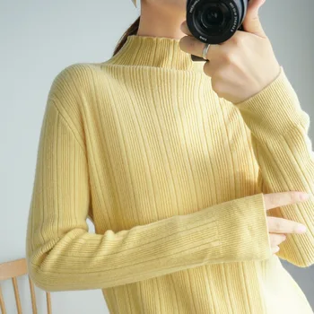 

2020 new autumn ladies high collar solid color long sleeve knitted T-shirt red