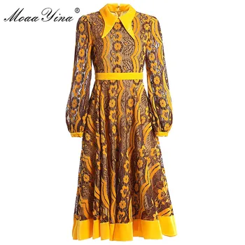

MoaaYina Fashion Designer dress Spring Autumn Women's Dress Long sleeve Gold Line Lace Patchwork Velvet Dresses