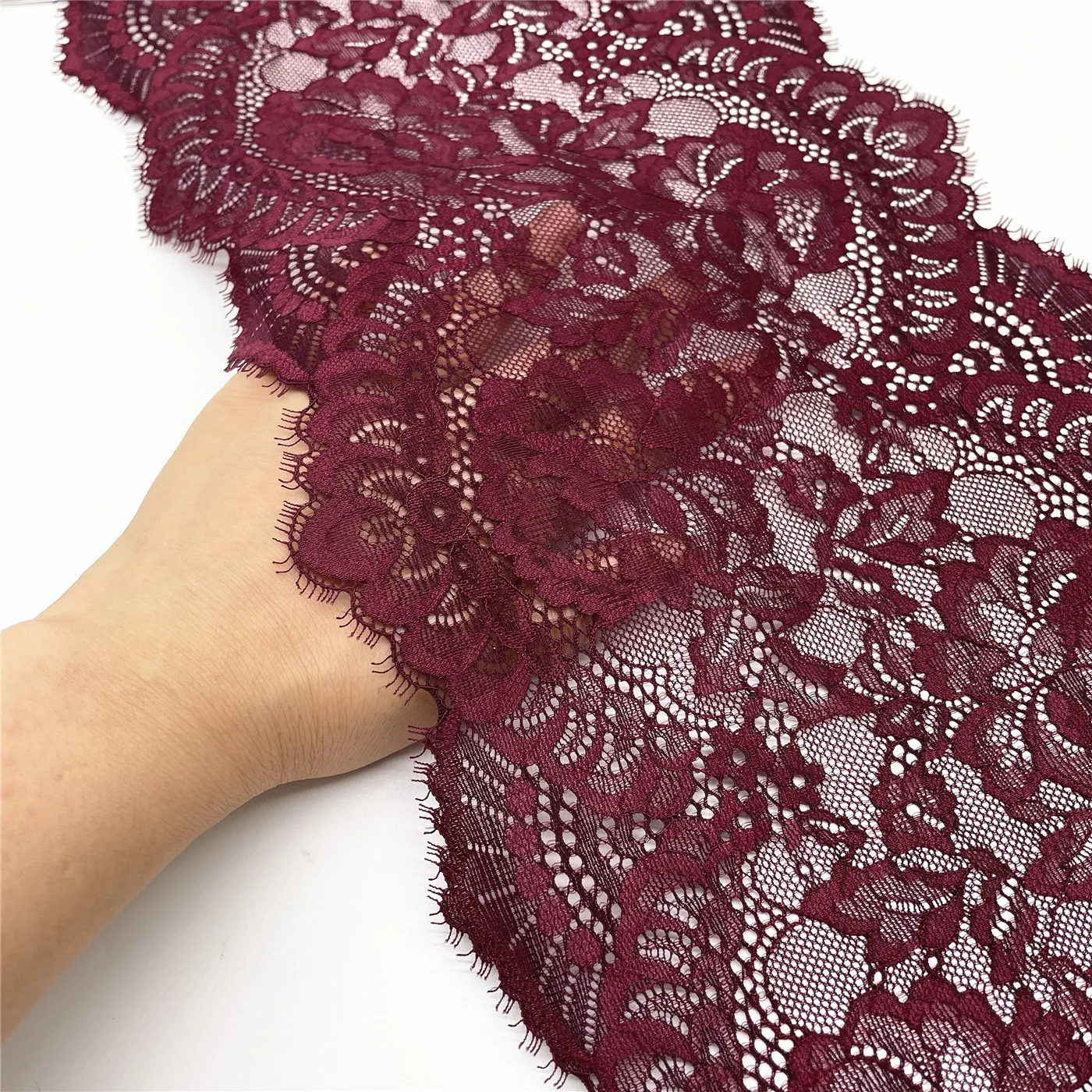 3y/lot Width 23cm Burgundy Red Elastic Eyelash Lace trim For Clothes Skirt Hem Underwear Sewing Craft DIY Apparel Fabrics Lace 2