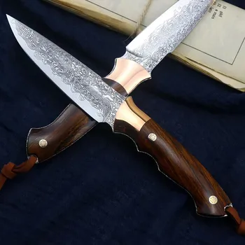 

Damascus steel Brass and Desert Ironwood Handle hunting knife Strong outdoor straight knife High hardness camping Handmade knife