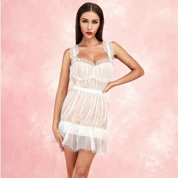 

Early Autumn Bodycon Bandage Dress Women Vestidos 2019 Sling Brown Sexy Dot Spaghettli Strap Mesh Celebrity Party Dresses