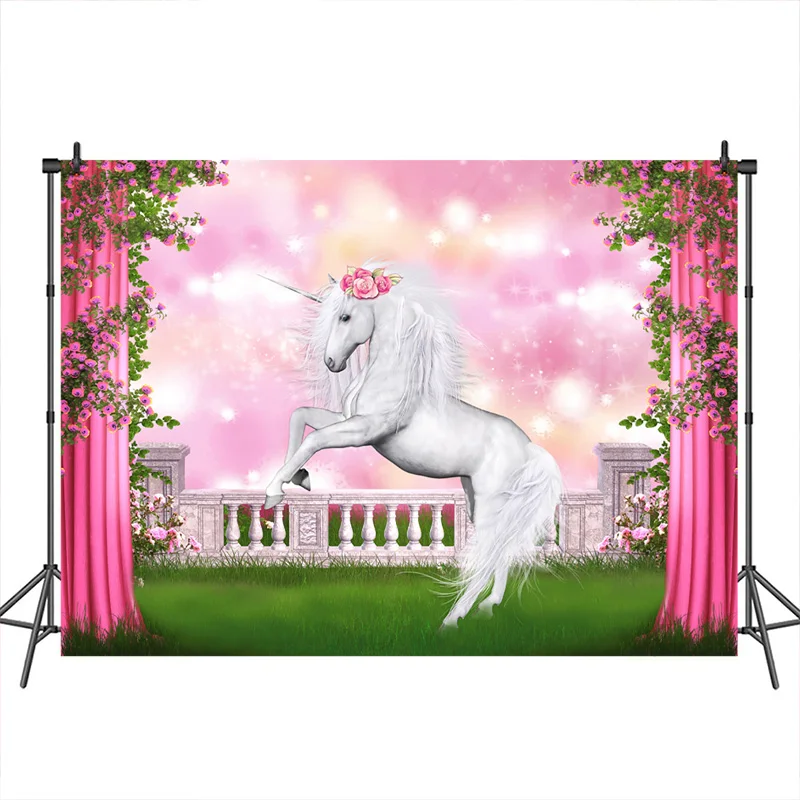 

Vinyl Fantasy Spring Scenery Photography Backdrops Unicorn Pink Glitter photo booth backdrop decorations