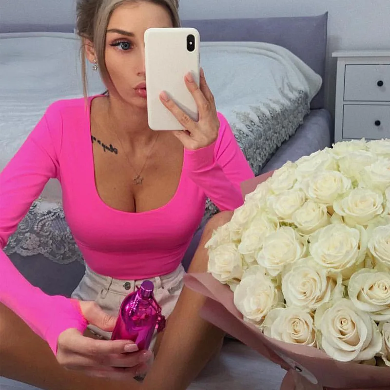 BOOFEENAA сексуальный Повседневный женский боди-костюм с длинными рукавами Топы неоновый оранжевый розовый черный дропшиппинг осень C70-H69