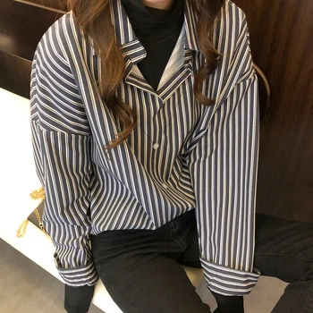 

COIGARSAM Vintage Striped Patchwork Loose Shirt Womens tops New Women shirts 208