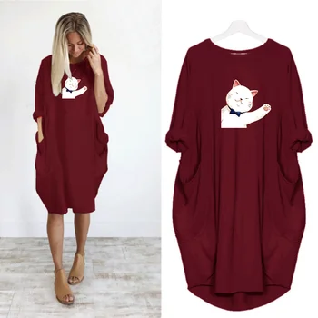 

2020 Dress Women Cute Cat Print Pocket Casual Loose Vintage Party Autumn Girls Clothes Kawaii Womens Plus Size M-5XL Dresses