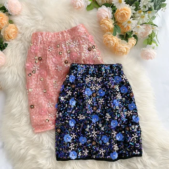 

Temperament high-end retro heavy industry beaded three-dimensional flowers high waist A-line short skirt female summer skirt xx