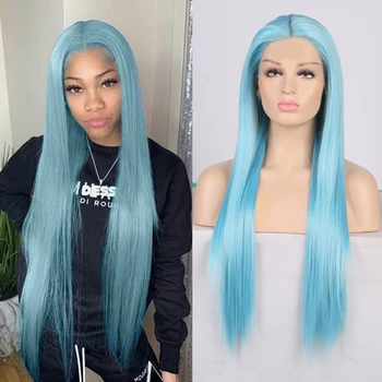 

Charisma Blue Long Synthetic Lace Front Wigs For Women Heat Resistant Hair Silky Straight Lace Wigs With Middle Part Cosplay Wig