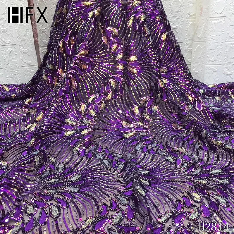 HFX нигерийская кружевная ткань с блестками, блестящая золотая кружевная ткань, африканская кружевная ткань с блестками для вечернего платья F2814