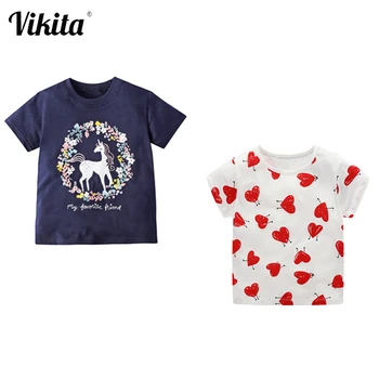 

VIKITA Kids Cartoon Print Tees Girls Kawaii Fashion Tshirt Girl Cotton T Shirts Children Round Neck Short Sleeve Casual Top Wear