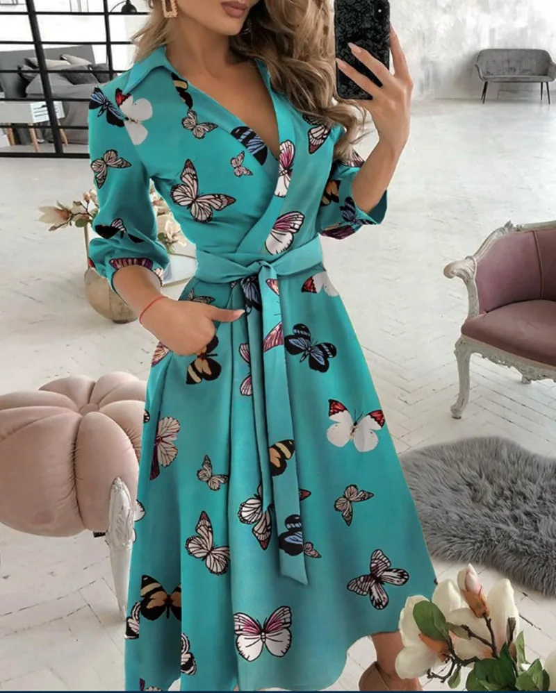 Sexy Deep V Neck Geometric Print Maxi Dress Women 2021 Spring Pocket Long Sleeve Female Irregular Party Plus Size | Женская одежда