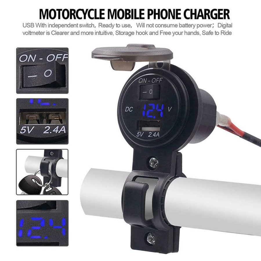 12V мотоцикл 2.4A USB зарядное устройство для телефона светодиодный вольтметр крепление на руль с монтажным кронштейном