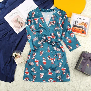 

HECHAN Puppy Pattern Female Pajamas Satin Robes Three Quarter Sleeve V Neck Christmas Clothes Women Sexy Nightwear Winter Home