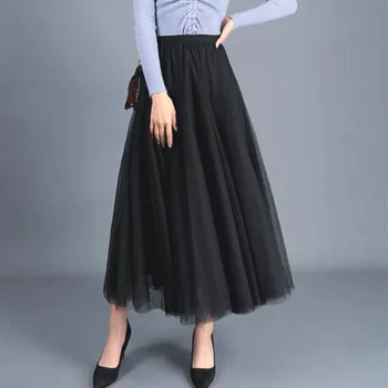 

Autumn Maxi Long Skirt Womens Black Grey High Waist Pleated Tulle Skirts for Wedding Tutu Skirt Ball Gown Faldas Largas Mujer