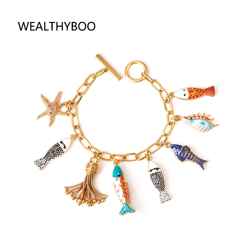 Bohemia Ocean Beauty Charms Bracelet Bangle Hand Enamel Fishes Conch Seastar Tassel Pendants Toggle Bracelet Pulseras