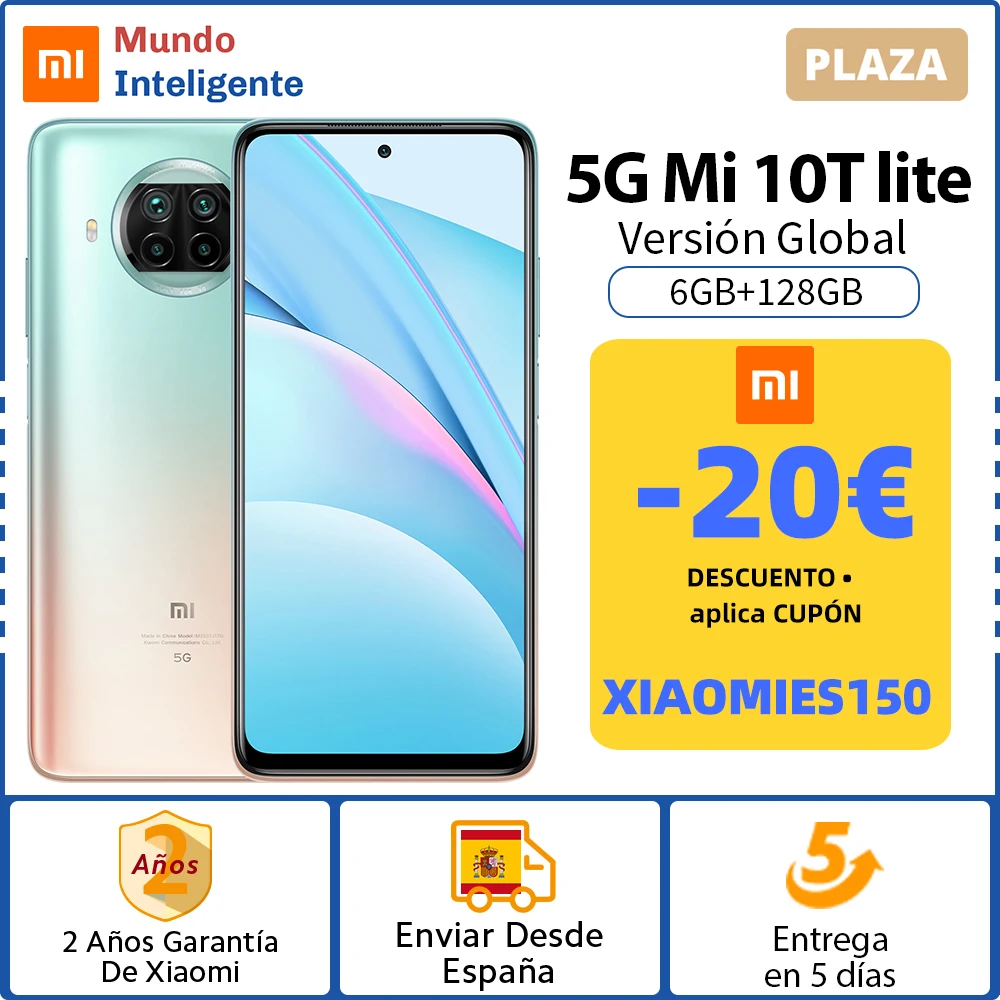 -20€ Código: XIAOMIES150, 5G Smartphone Xiaomi Mi 10T Lite versión Global 6GB 128GB 120Hz 6,67 DotDisplay Snapdragon 750G 64MP Quad Cámara NFC teléfono