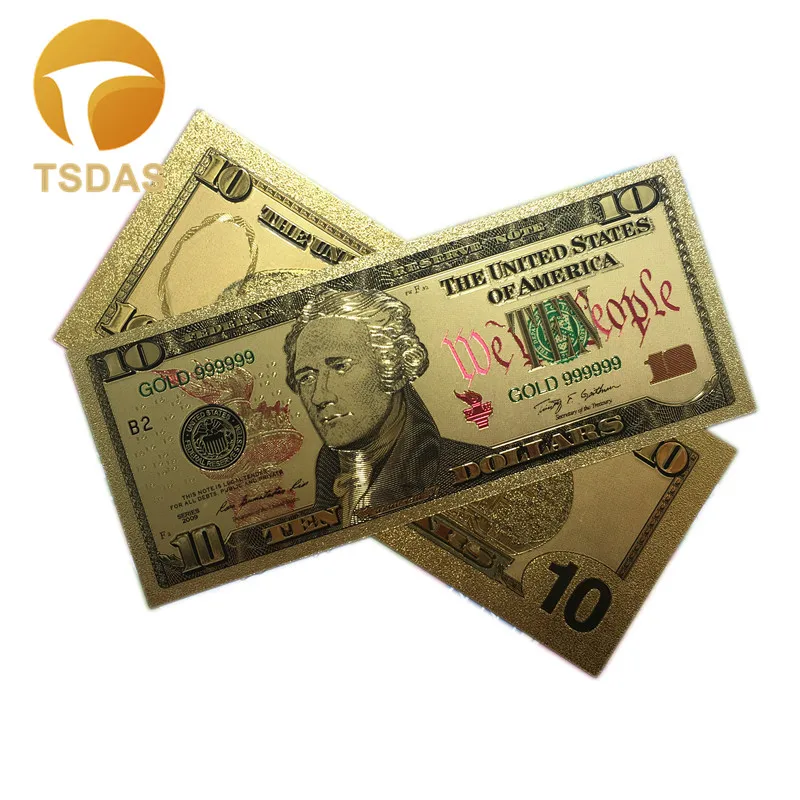 5pcs Business Souvenir Gifts 10 Dollar Color 24k Gold Banknote USD 10 Money