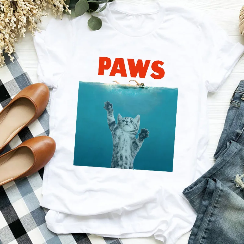 Футболка женская с принтом забавный топ графическим рисунком для женщин кошек питомцев пляжа океана на
