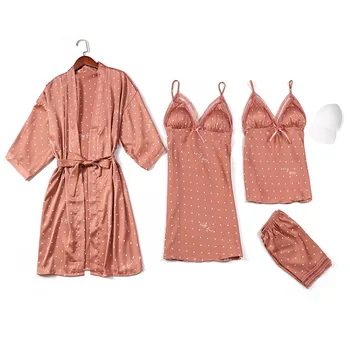 

Spring / Summer 2020 Newest Small Dots Print Ladies Pajamas Cute Sweet Girl Clothes Four-piece Silk Home Satin Pajamas