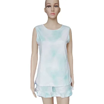 

2pcs Tank Top Leisure Wear Sleeveless Women Pajama Set Polyester Sleep Lounger Tie Dye Printed Home Shorts Summer Ruffle