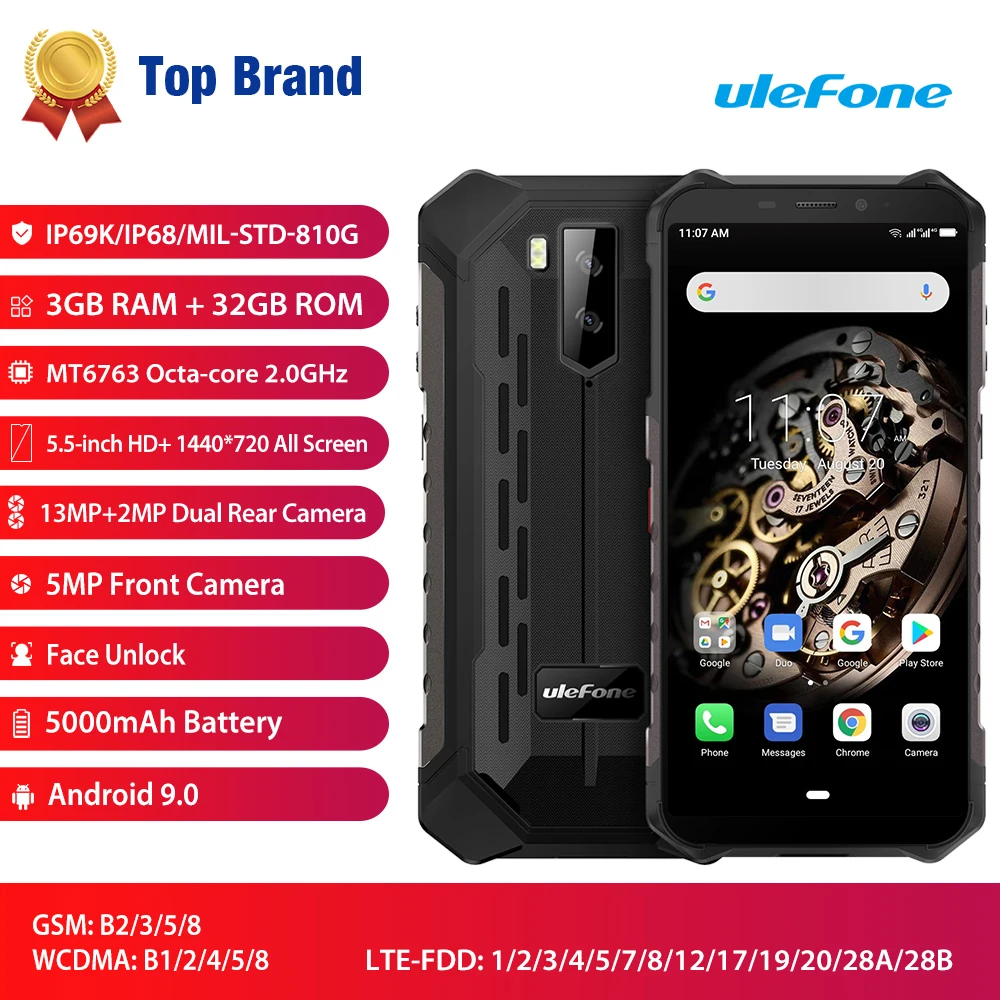 Смартфон Ulefone Armor X5 Android 9,0 MT6763 Octa Core 3 ГБ ОЗУ 32 Гб ПЗУ 13 МП 5,5 ''4G LTE 5000 мАч NFC OTG gps мобильный телефон